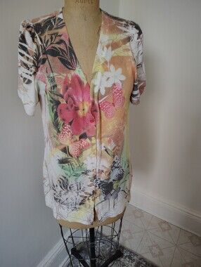 Floral Butterfly V-Neck Button Cardigan - Pink, Peach, Green